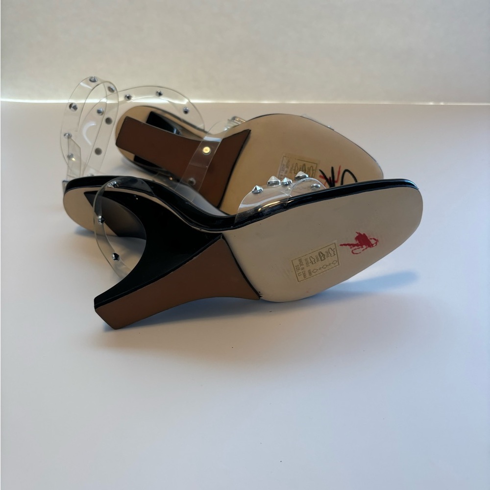 FINAL! NWOT! AZALEA WANG PATENT BLACK SILVER ACCENT CUT HEEL ANKLE WRAP HEELS - Picture 9 of 11